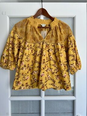 NWT Sundance Mustard Yellow Floral Lace Blouse